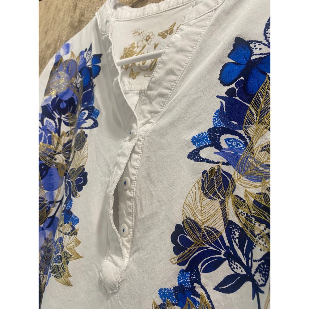 Desigual White Blue Floral Blouse Gold Accent Boho Top Women’s US Small EUR Med - Picture 4 of 9